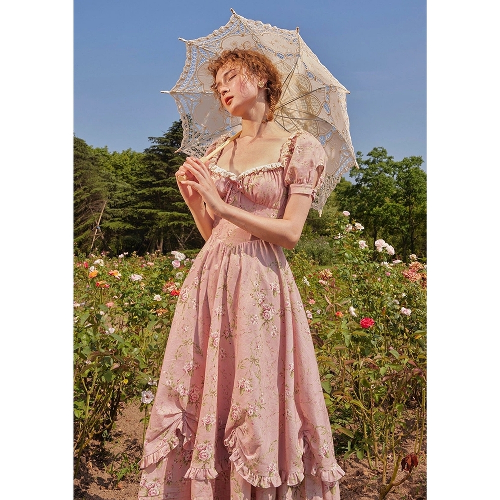 Lacemade Rosa Rubus Story Corset Bridgerton Floral Puff Sleeve Maxi Dress